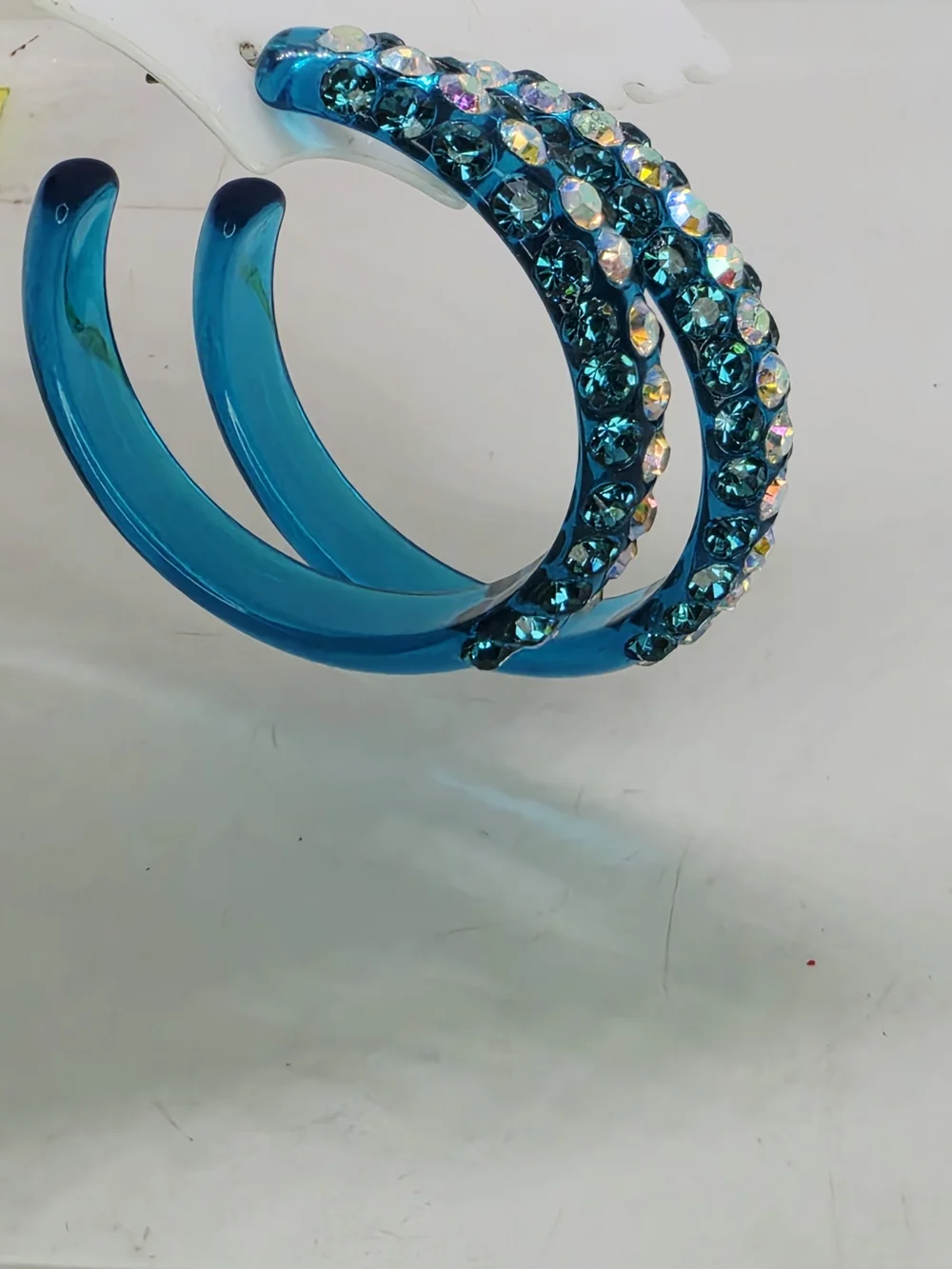 Vintage Y2k Teal Blue Lucite AB Rhinestone Crusted Cluster Hoop Pierced Earrings